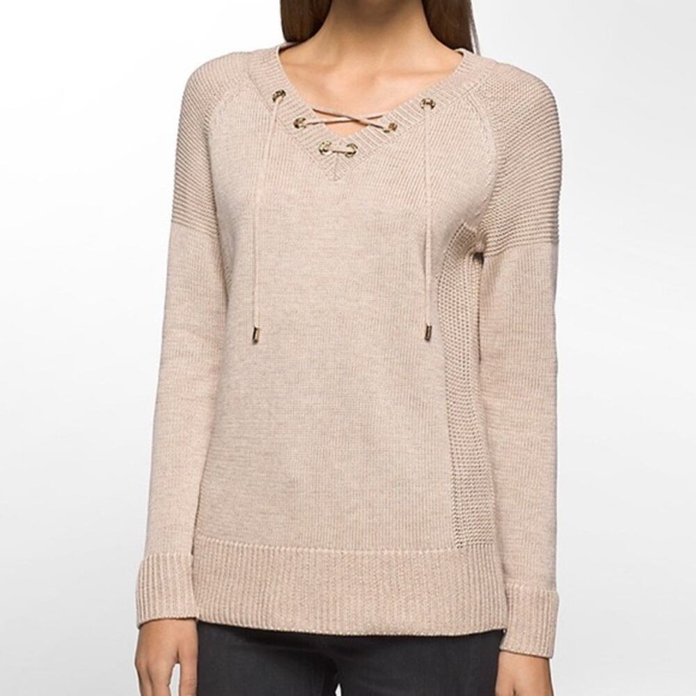 Calvin Klein Tan & Gold V-Neck Lace Up Sweater Women's Size Small Minimalist